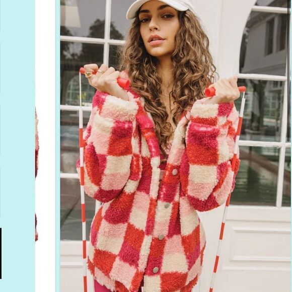 NWT Beach Riot Laurie Jacket Pink Berry Sangria Check Sherpa Button Up Sz M - Picture 7 of 11